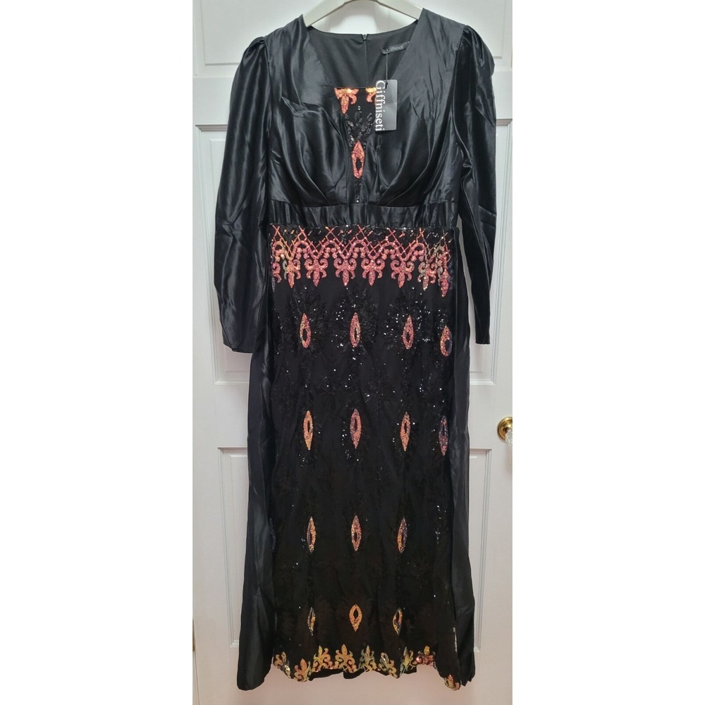 Giffniseti Black Satin Sequin Long Sleeve Formal Maxi Dress - Plus Size 3X